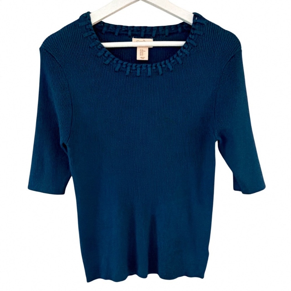 Camila Coelho Teal Blue Ribbed Knit Braided Neck Elbow Sleeve Top‎ Womens XL